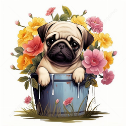 Pug in a bucket with flowers