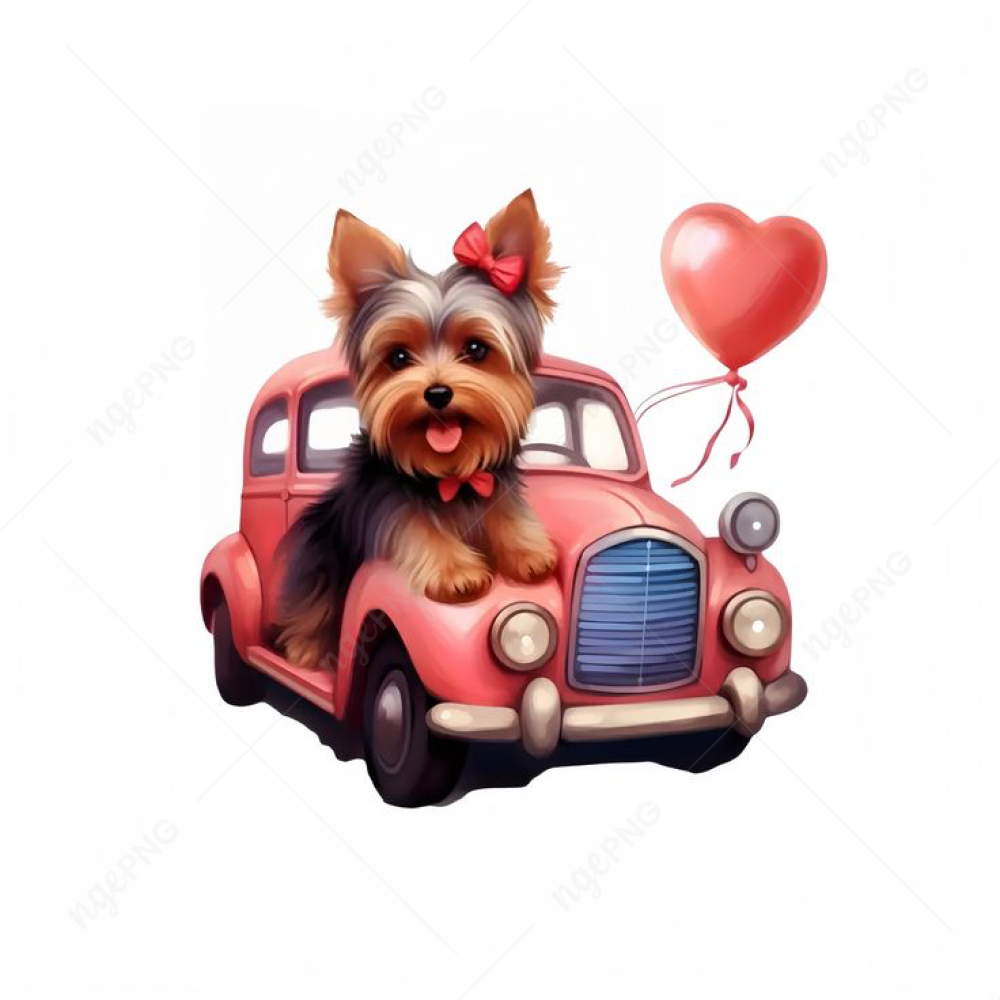 Yorkie on a pink car