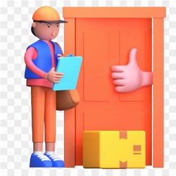 Delivery man drop order parcel to the door to door with a clipboard of list and bag on transparent background PNG