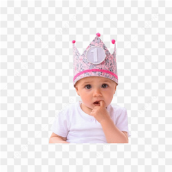 Baby girl with a pink crown on her first birthday on transparent background PNG