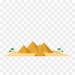 Desert landscape with Egyptian pyramids and camels on transparent background PNG
