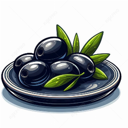 Juicy black olives on a saucer